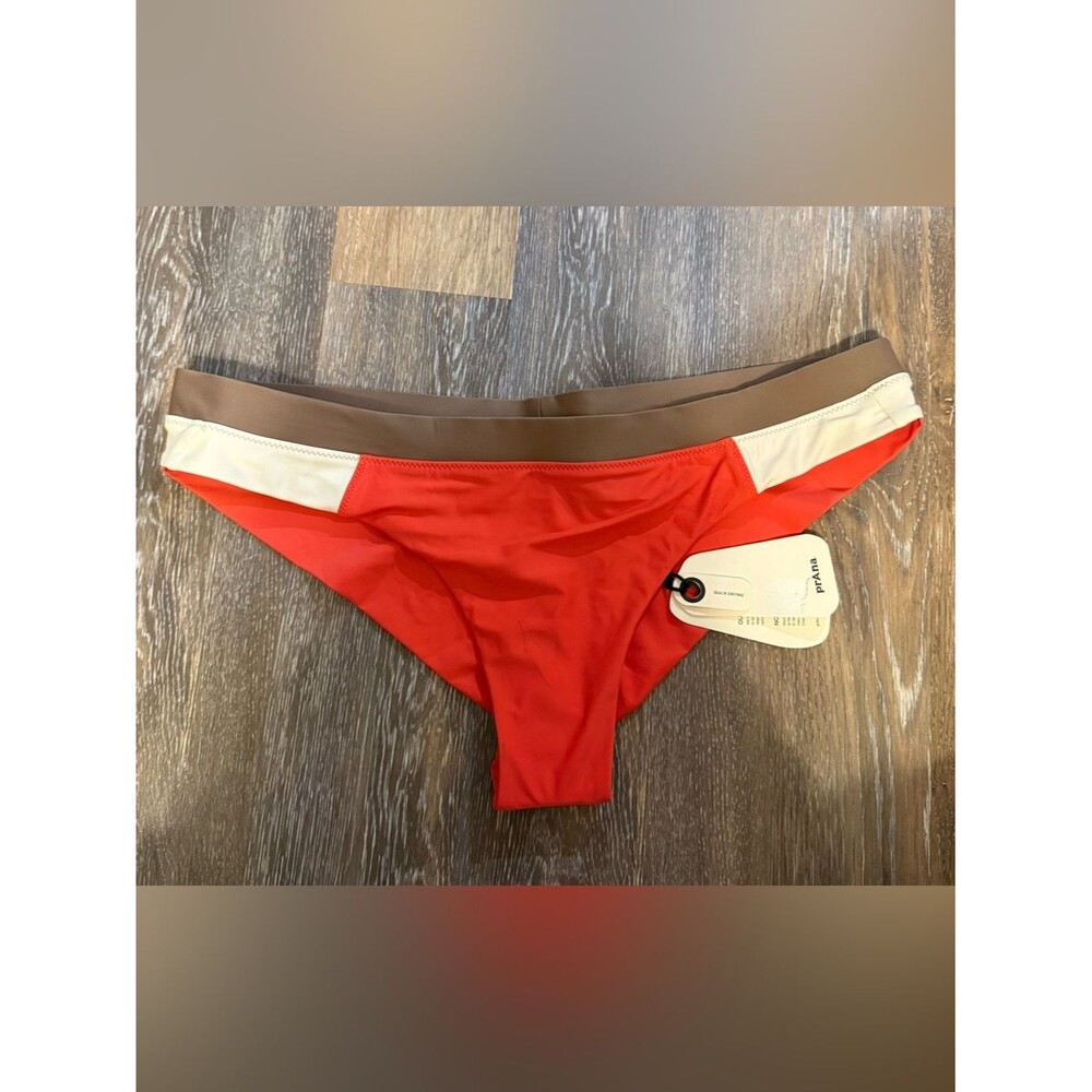 Prana Baja Bound Cheeky Rose Fire Colorblock Bikini Bottom with Taupe Waistband